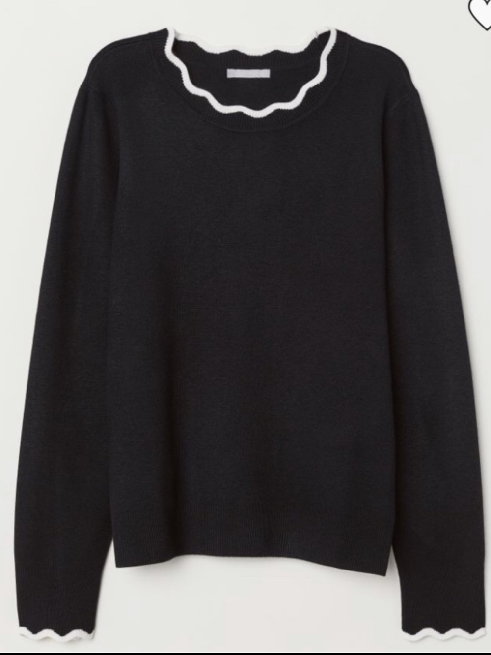 H&M Black Crewneck Rayon Blend Sweater White Scalloped Trim XL NWT